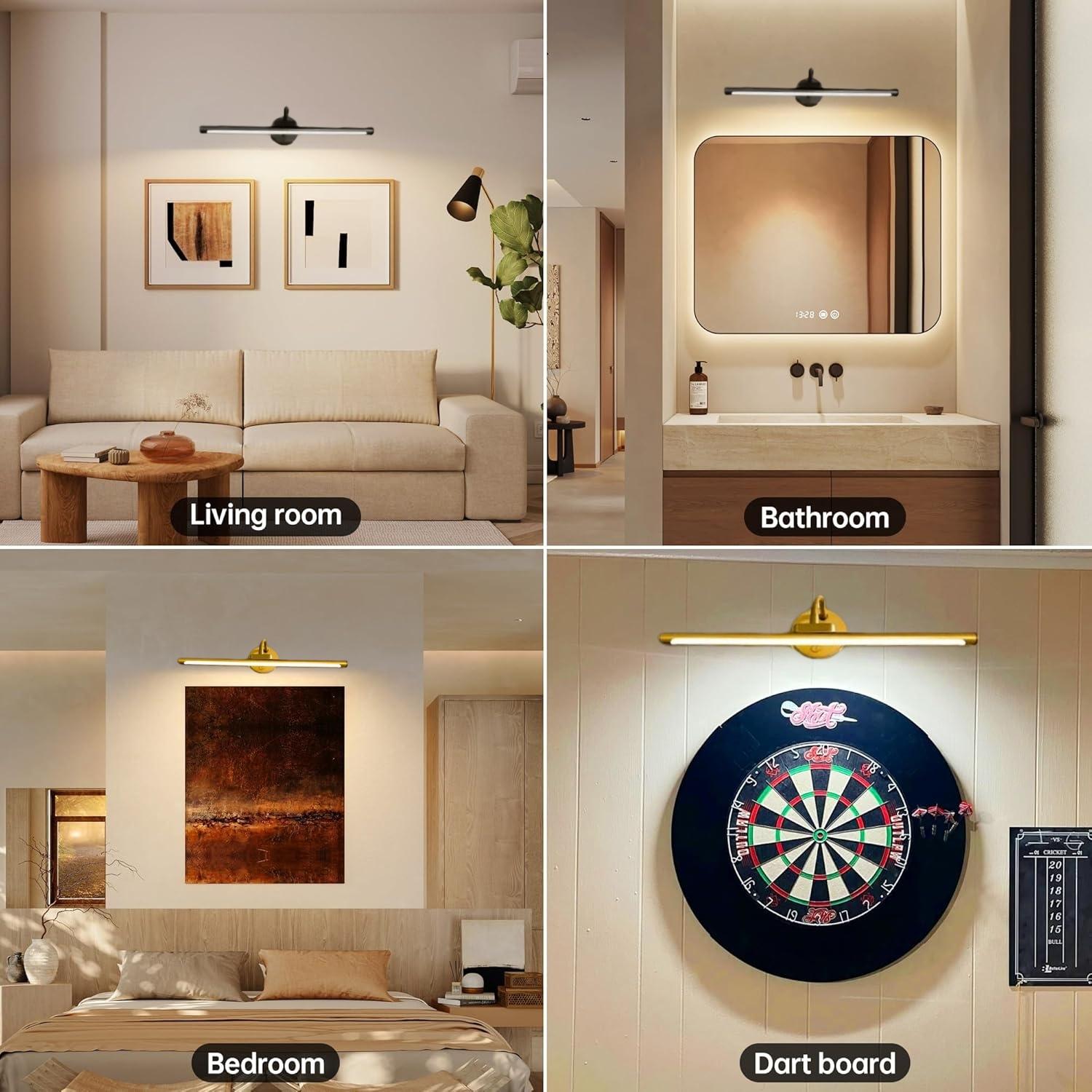 1pc Adjustable Dimmable Picture Light with Remote Control and Timer, Gold, USB Rechargeable Wall Light for Gallery Art, Paintings, Portraits, Dimmable Wall Lamp