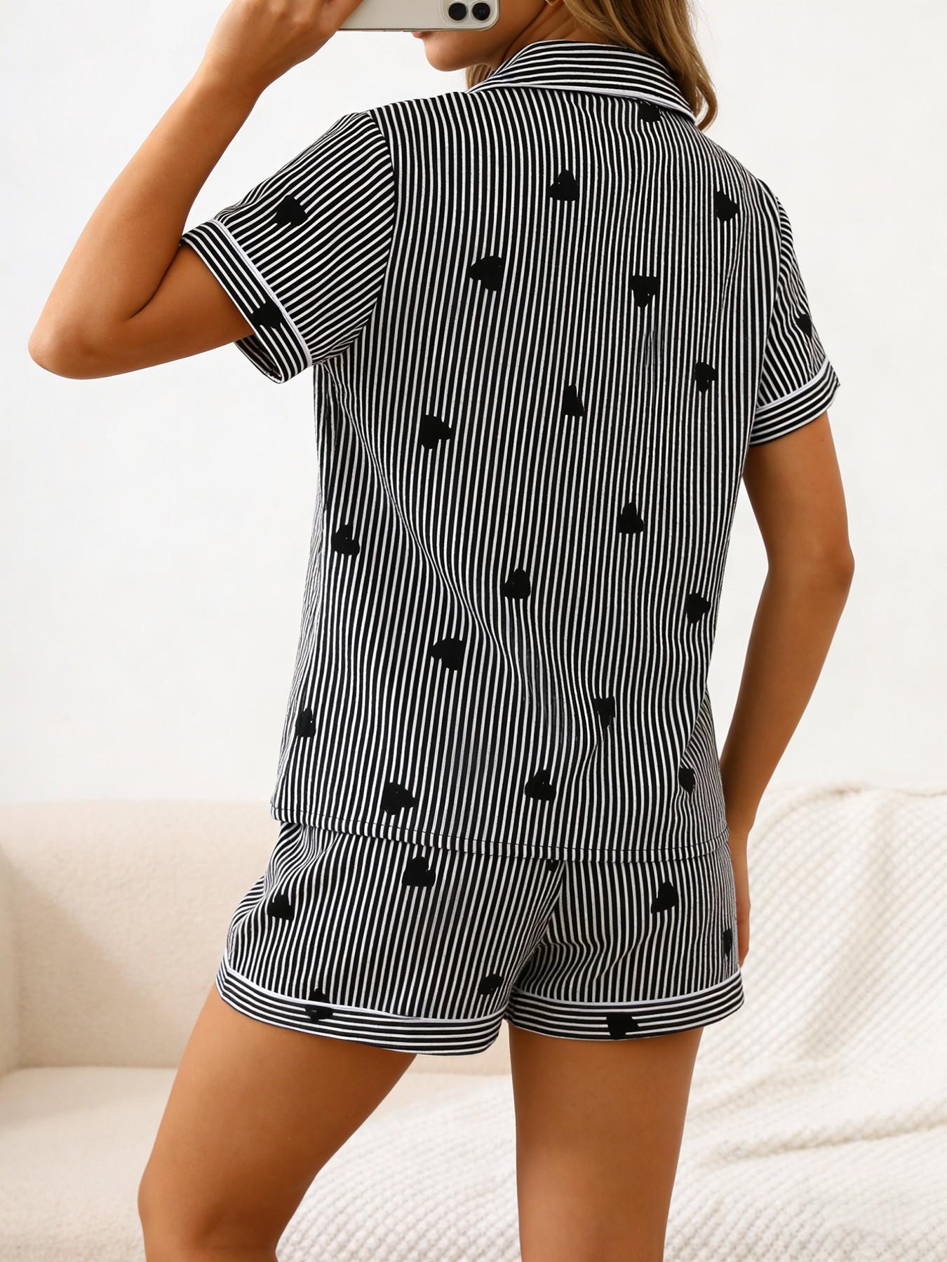 Women's Short Sleeve Button Down Top and Shorts Pajama Set, Spring Summer Wear, For Minimalist Black & White Lovers, Black White Stripe With Black Heart Accent, Classic Lapel Collar, Slim Fit, Comfortable For Home & Short Commutes