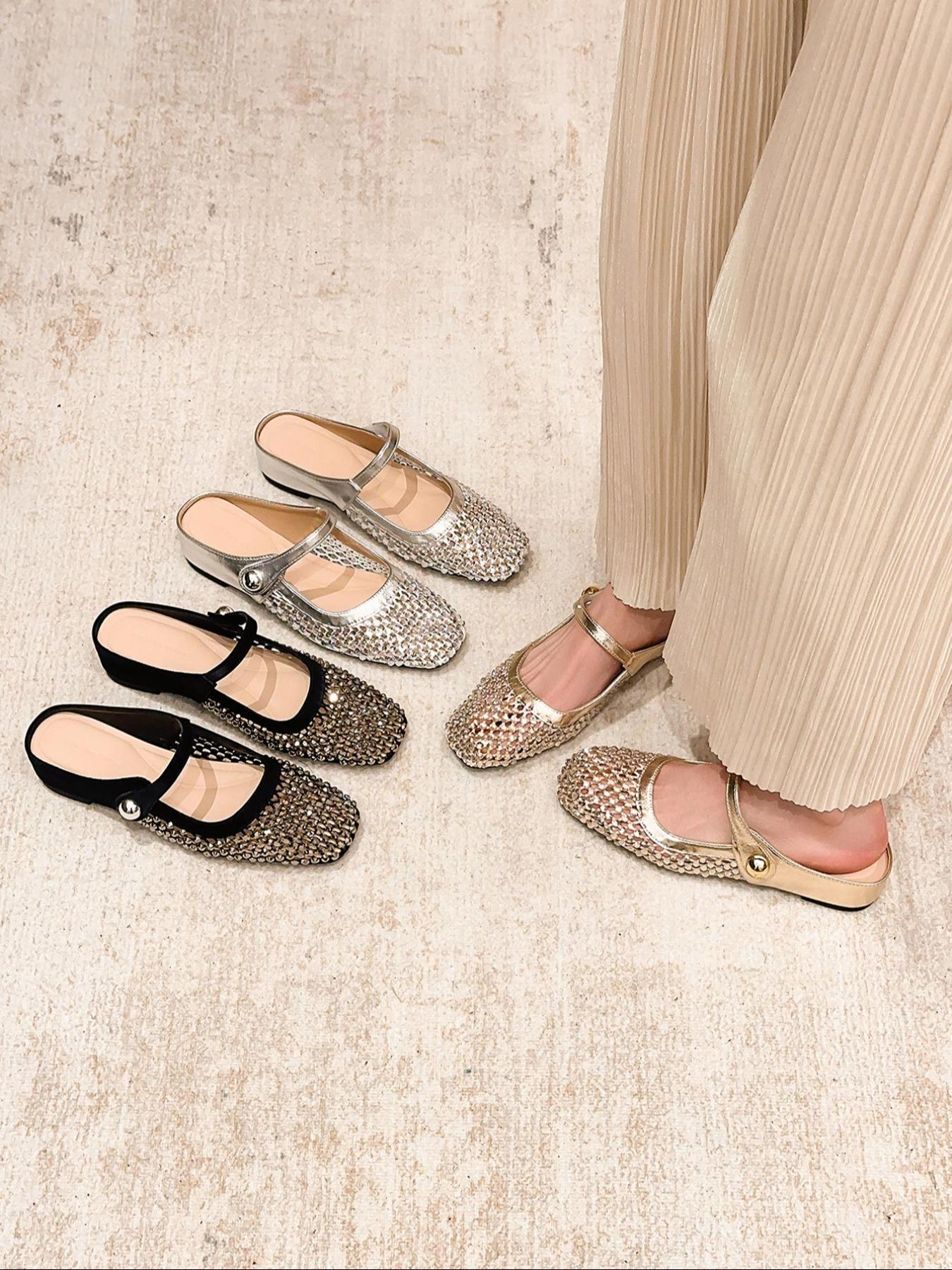 Sexy Hollow Out Mesh Draped Elevator Fairy Style Square Toe Strap Flat Shoes, Elegant Back Cutout, Spring & Fall, Medium Width