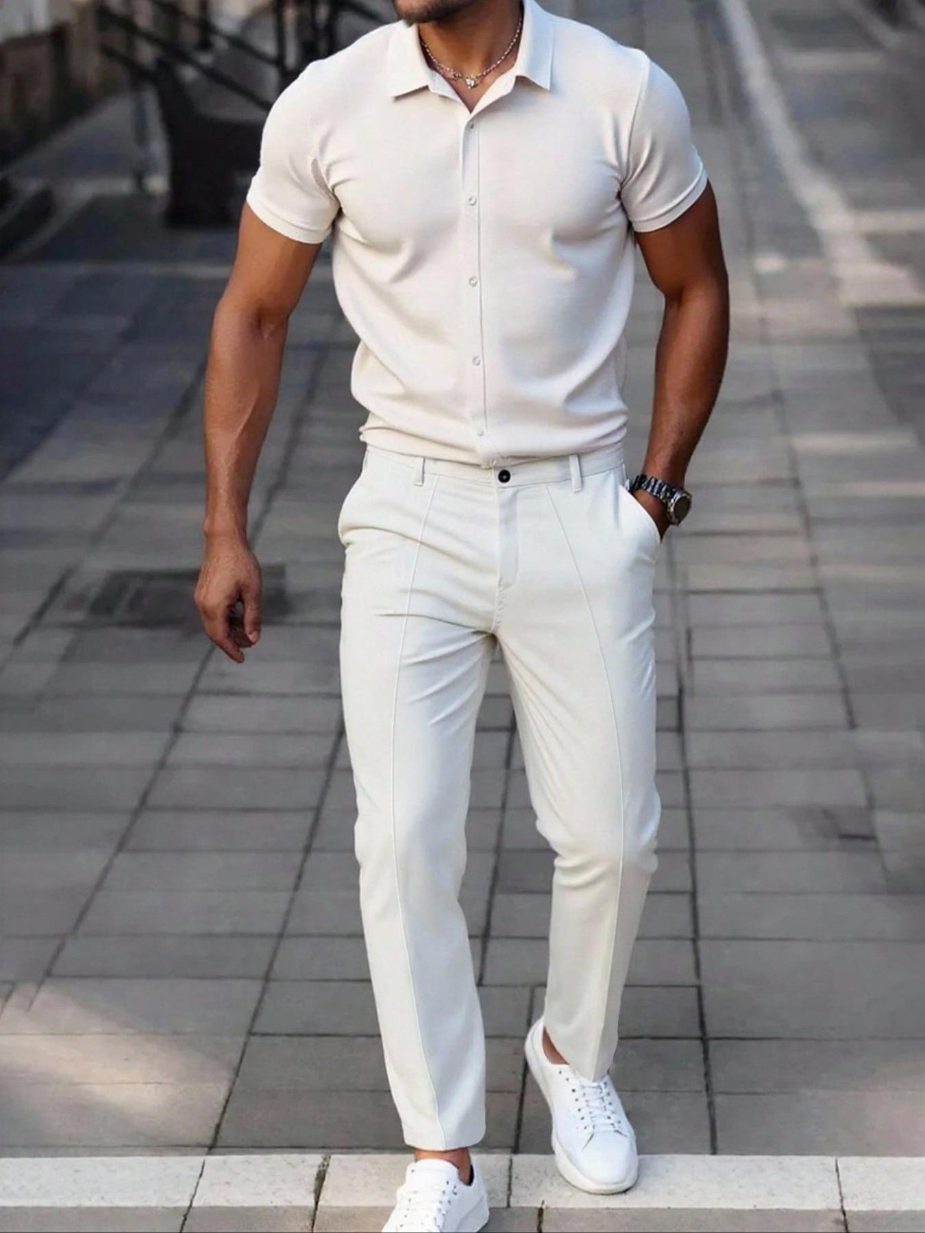 Men's Two-Piece Set, Menswear Short Sleeve Plain Shirt & Long Pants, Casual Button Collar, Comfortable Summer Wear, High-Quality Leisure Clothing, Outfits