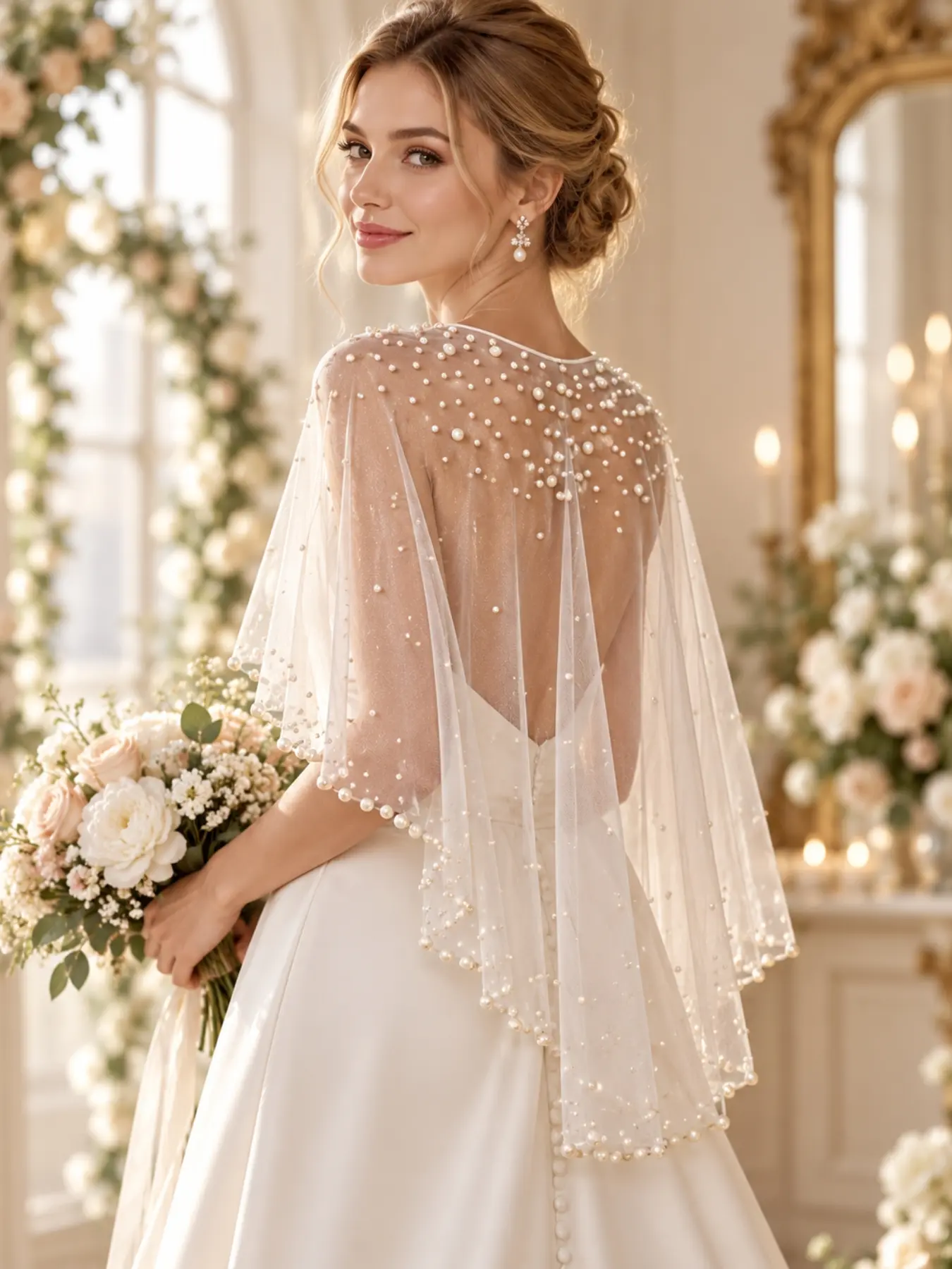 Elegant Pearl Beaded Tulle Bridal Cape Sheer Wedding Dress Shoulder Cover Up for Bride Wedding Party Photography Accessory