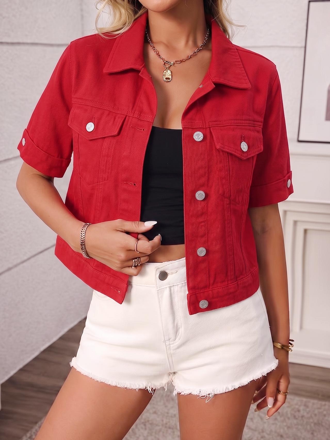Women's Classic Short Sleeve Denim Jacket, Casual Single Button Short Denim Collar Top, Summer Outerwear, Loose-Fitting
