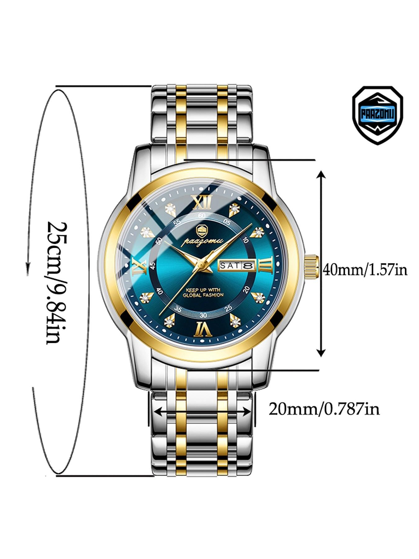 Paazomu Men's Wristwatch, Stainless Steel Waterproof Luminous, Casual Quartz Watch with Date and Week Display, Stylish Business Accessory