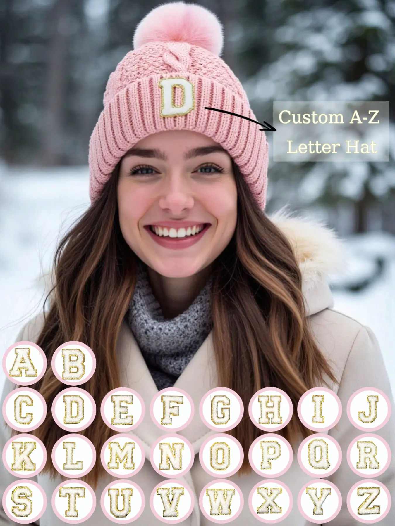 1PC Pink Cable Knit Pom-pom Knit Hat With Custom A-Z Letter Patches, Warm Winter Beanie, Soft Wool Hat, Fashion Beanie, Stylish Headwear For Women Skiing, Camping And Daily Street Look, Great Gift Choice For Birthdays And Festivals