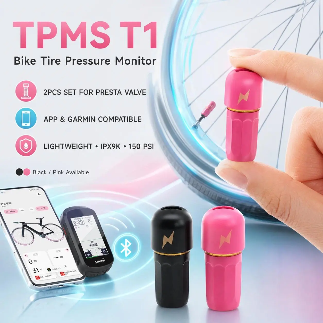 2PCS TPMS T1 Wireless Real-Time Bike Tire Pressure Monitor, APP & GARMIN Compatible Auto/Motorcycle Tire Accessory