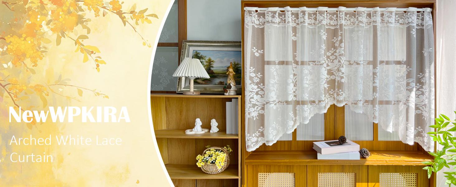 1pc Arched Sheer Curtain - White Lace Floral Print Embroidery Rod Pocket Top, for Doorways/Windows, 63in W x 39in L, One-Piece