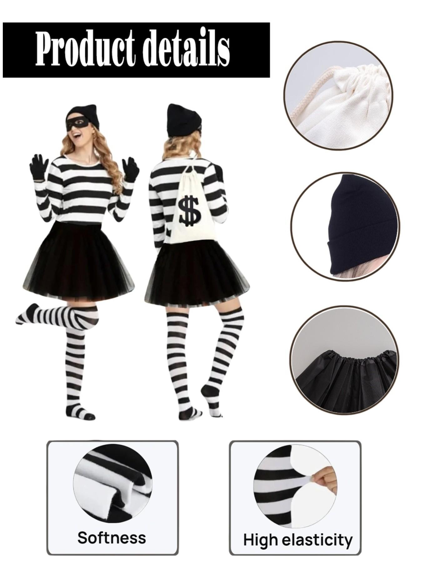 6-Piece Women's Thief Costume Set, Ballet Dress, Hat, Gloves, Eye Mask, Canvas Pouch, Striped Socks, Halloween, Easter, Christmas, Book Day