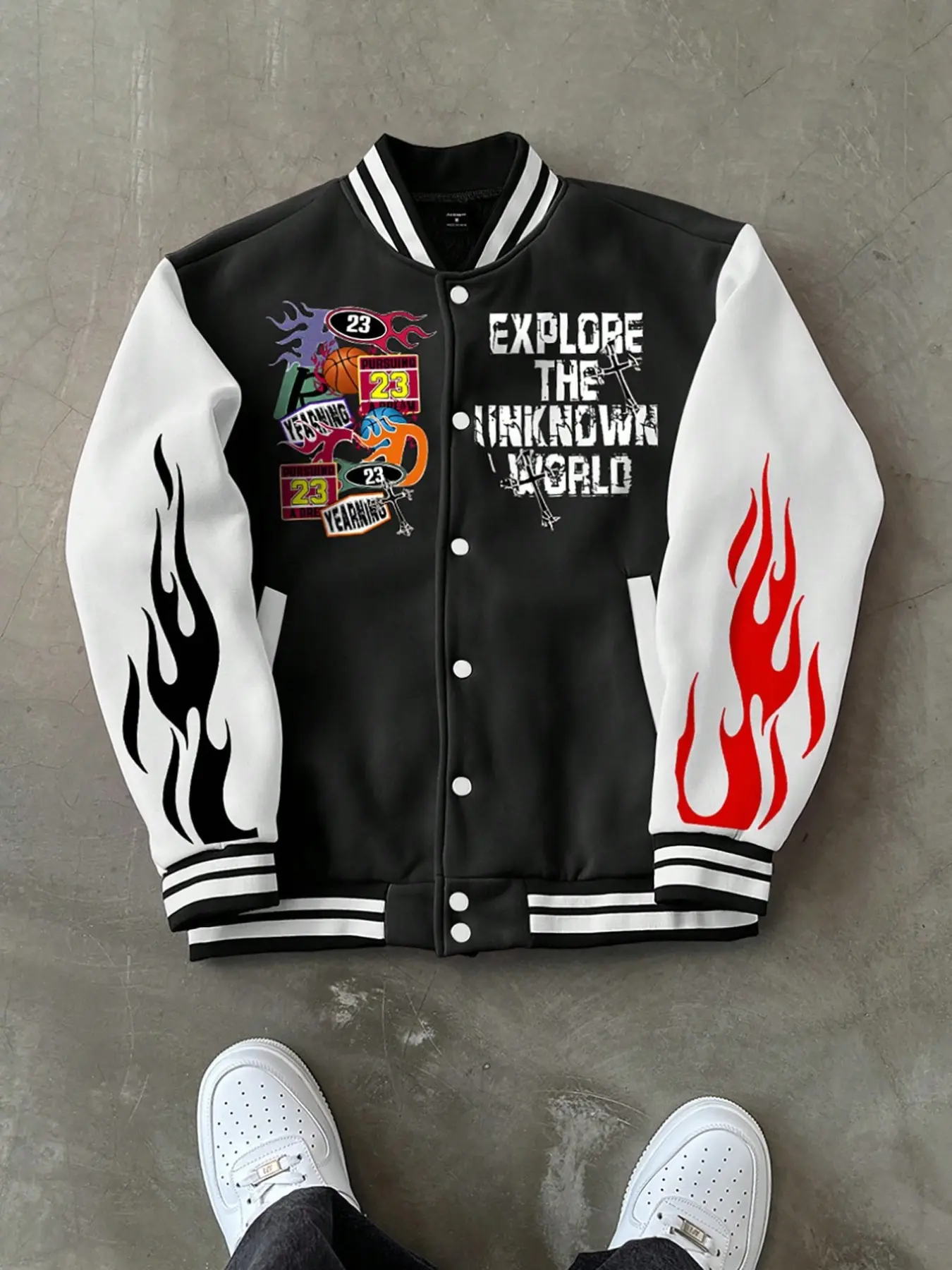 Men's College Style Baseball Jacket, Letter Flame Basketball Print Snap Closure Outerwear, Casual Streetwear Long Sleeve Loose Fit