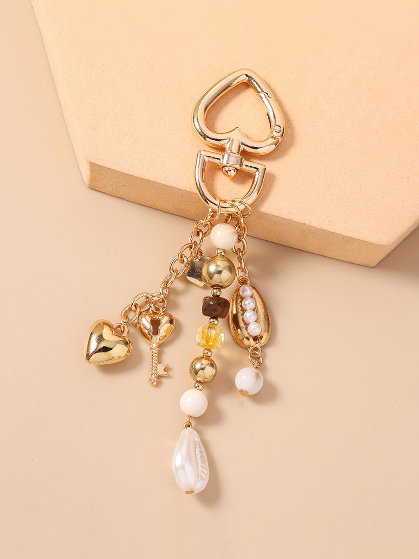 Boho Pearl Shell Keychain, Baroque Heart Key Ring, Starfish Ocean Theme, Boho Bag Charm, Unique Fashion Accessory