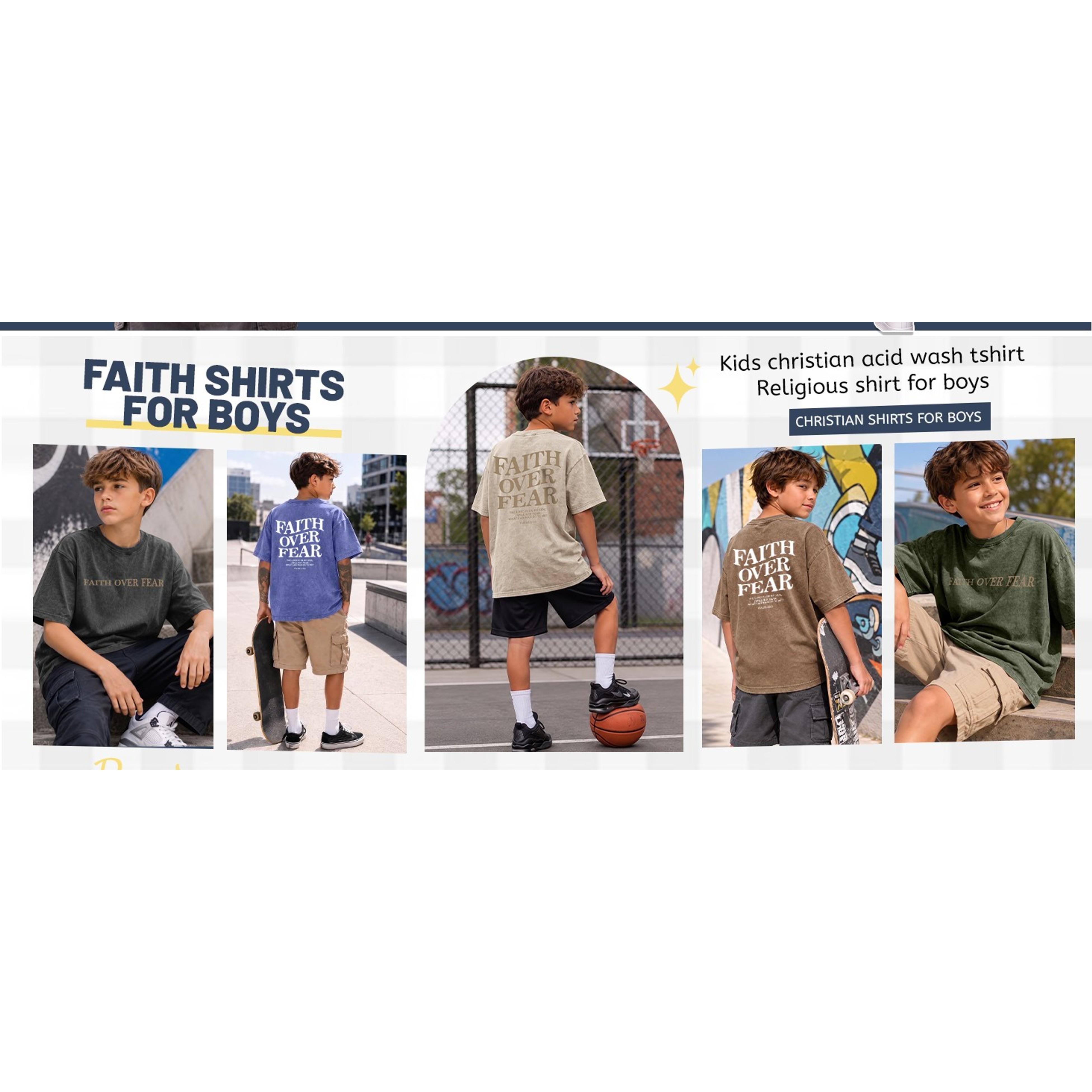 Boys Faith Over Fear Christian Jesus Graphic Tee - Bible Verse Religious Acid Wash T-Shirt for KidsGift