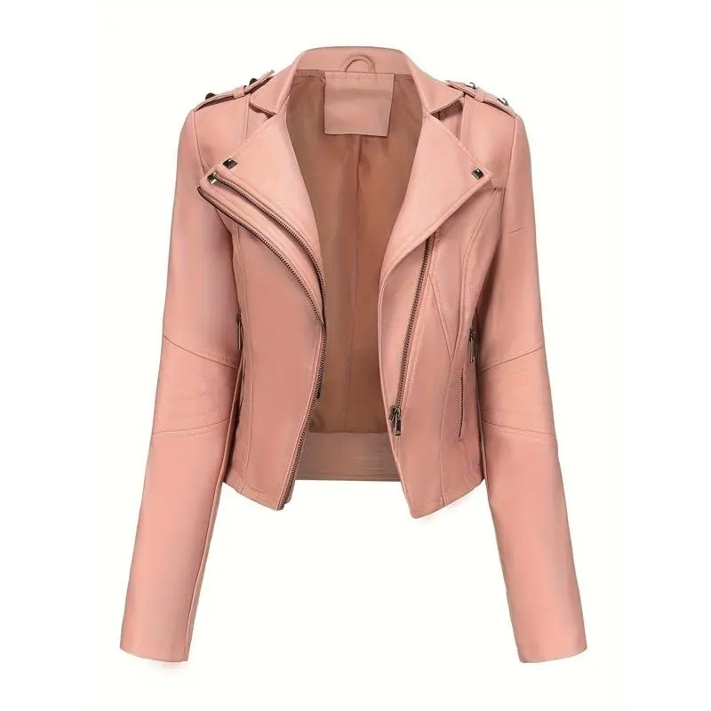 Slim Fit PU Jacket -Women's Short Sexy Motorcycle Suit with Rivet Decoration in Womenswear Coats Tops Comfort Outerwear Basic Casual Style Fitted