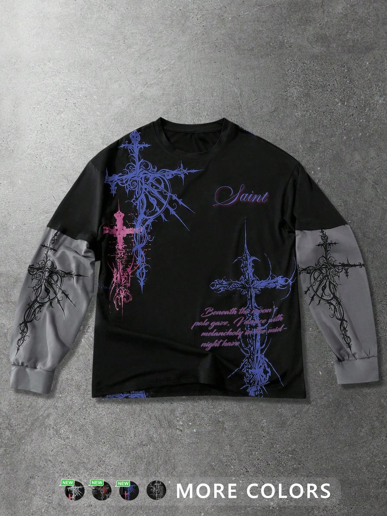 Unisex Gothic Style Long Sleeve T-Shirt with Rune and Cross Print, Ideal for Streetwear and Hip Hop Culture, Perfect Couple