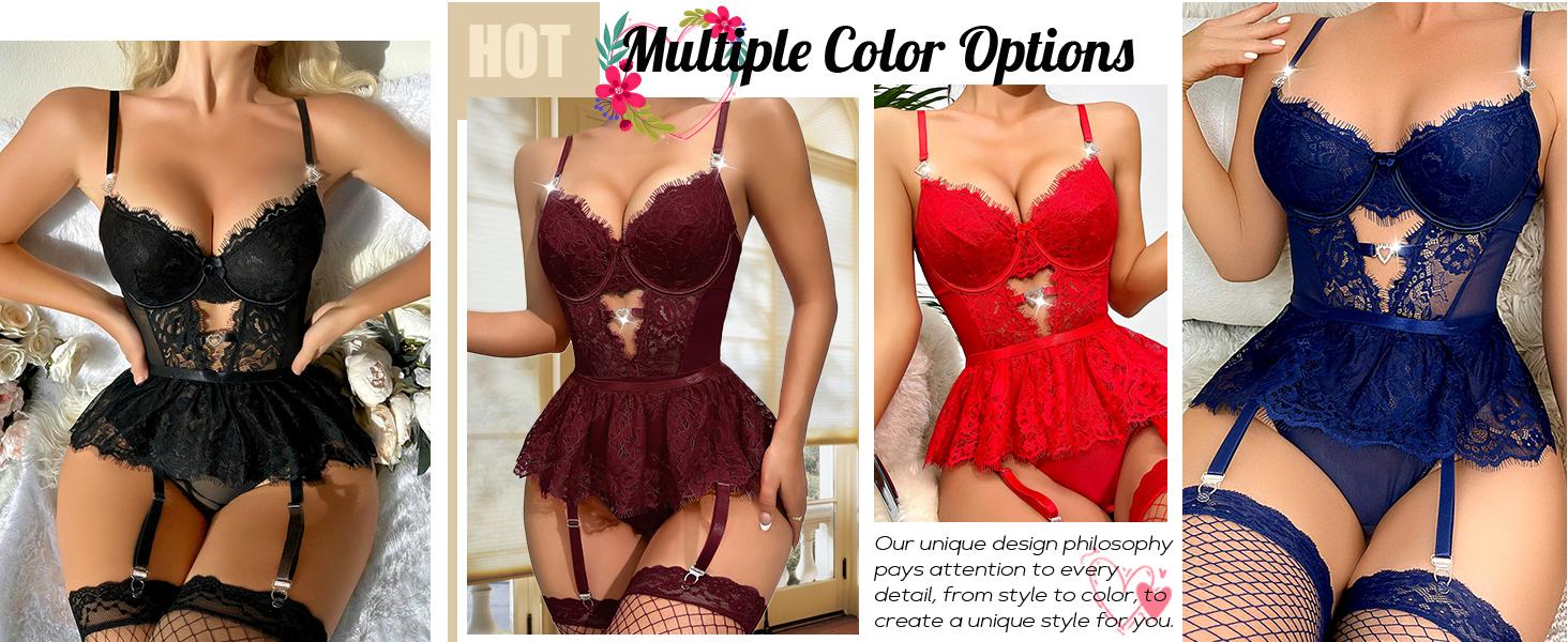 Sexy Stocking Rhinestones Heart Garter Underwire Floral Mesh lace Sheer Babydoll Lingerie Teddy Bodysuit Skirt Set