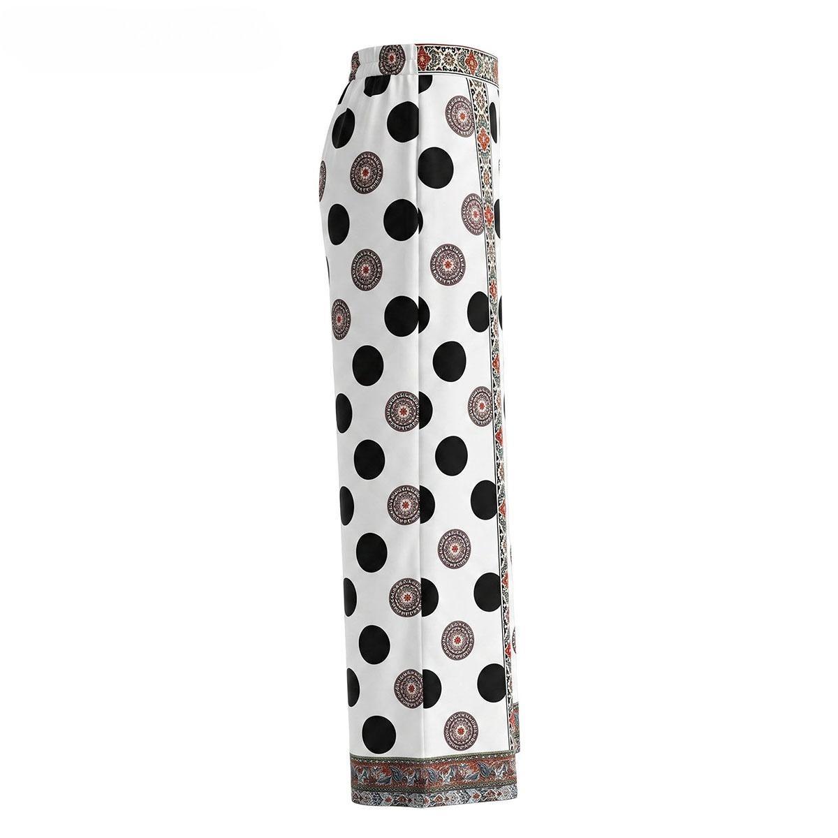 Women's Dot Paisley Floor-Length Palazzo Pants - High Waist Silky Satin Loose Leg Trousers with Side Pockets, Hidden Zip, Elastic Back Waistband, Resort & Workwear Bottoms, Loose Legs,clothes for back to school,first day of school outfits