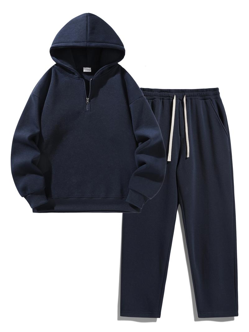 Men's Plain Two-piece Sweatsuit Set, Basic Regular Fit Casual Drop Shoulder Half Zip Hoodie & Pocket Drawstring Sweatpants, Men's Clothing
