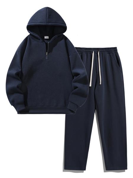 Men's Plain Two-piece Sweatsuit Set, Basic Regular Fit Casual Drop Shoulder Half Zip Hoodie & Pocket Drawstring Sweatpants, Men's Clothing Men's Plain Two-piece Sweatsuit Set, Basic Regular Fit Casual Drop Shoulder Half Zip Hoodie & Pocket Drawstring Sweatpants, Men's Clothing
