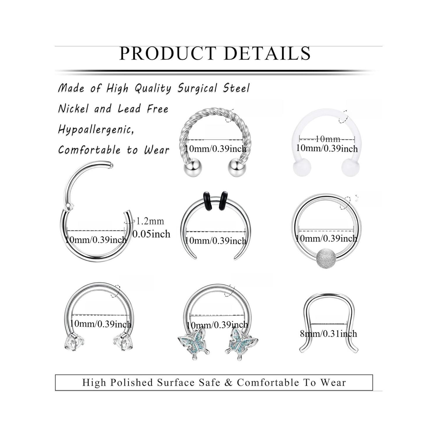 30Pcs 16G Septum Rings Stainless Steel Piercing Jewellery, Silver Horseshoe Nose Hoop Ring 10mm, Helix Daith Cartilage Earrings Smiley Jewellery for Men Women