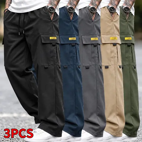 Men’s multi-pocket cargo straight-leg pants with elastic drawstring waist, wide-leg long trousers, American street-style casual pants
