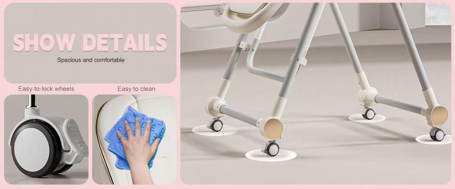 3-in-1 Baby High Chair & Swing, Foldable with Adjustable Tray, 4 Locking Wheels, Safe & Comfortable Baby Chair for Feeding, Play, and Rest