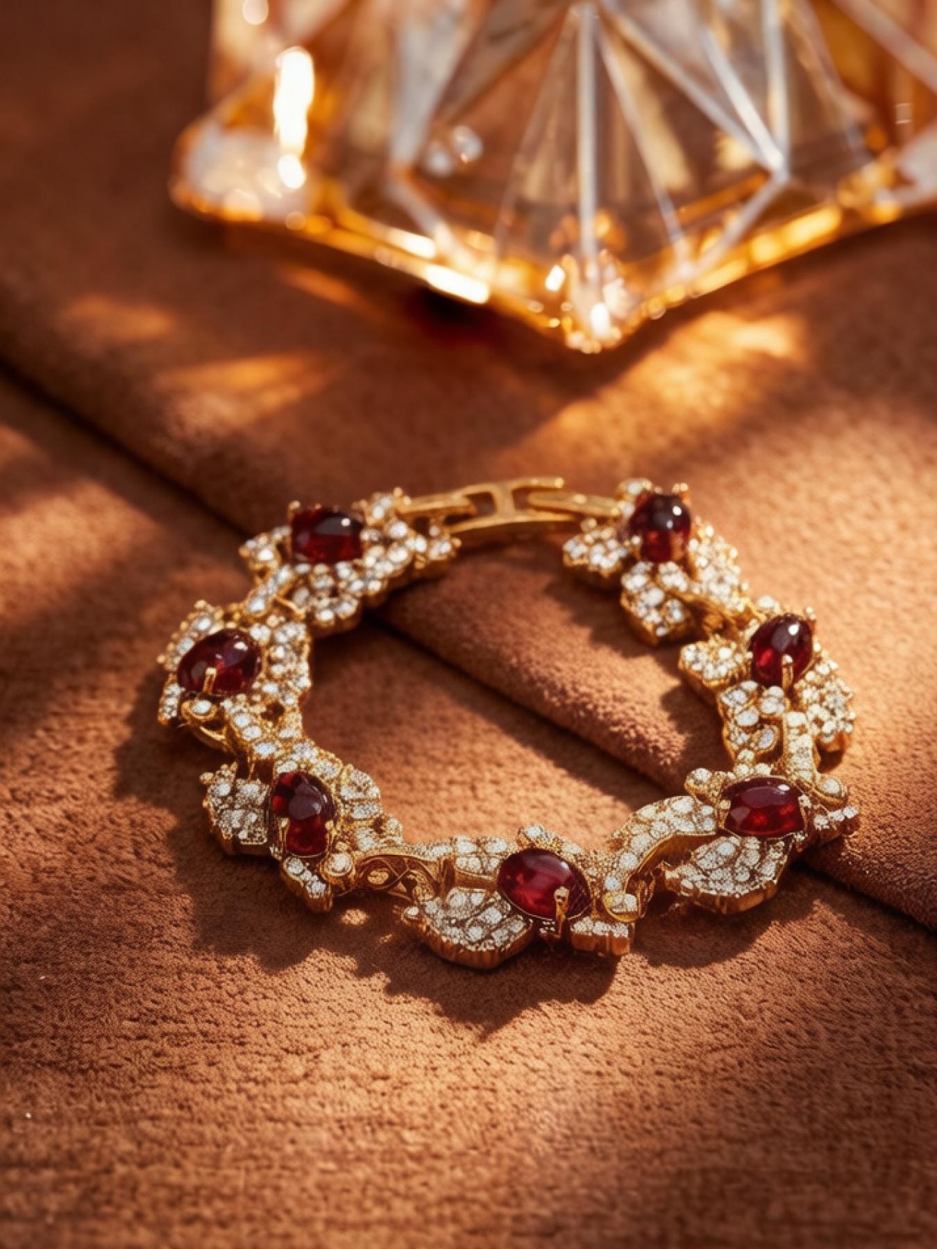 A gorgeous bracelet made of ruby-colored glass and clear crystal, suitable for daily commuting, vacation dates, and also a delightful little gift.
