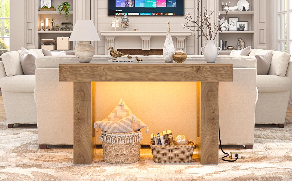 47'' Farmhouse Console Table with Power Outlets and Motion Sensor Light, Wooden Entryway Table Sofa Table for Entrance, Hallway, Living Room