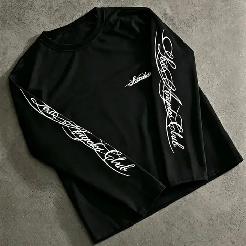 Unisex 100% Cotton Soft Multi-Color Vertical Sleeve Script Lettering Long Sleeve Tee Mini Chest Logo Chicano American Streetwear Oversized Casual Top