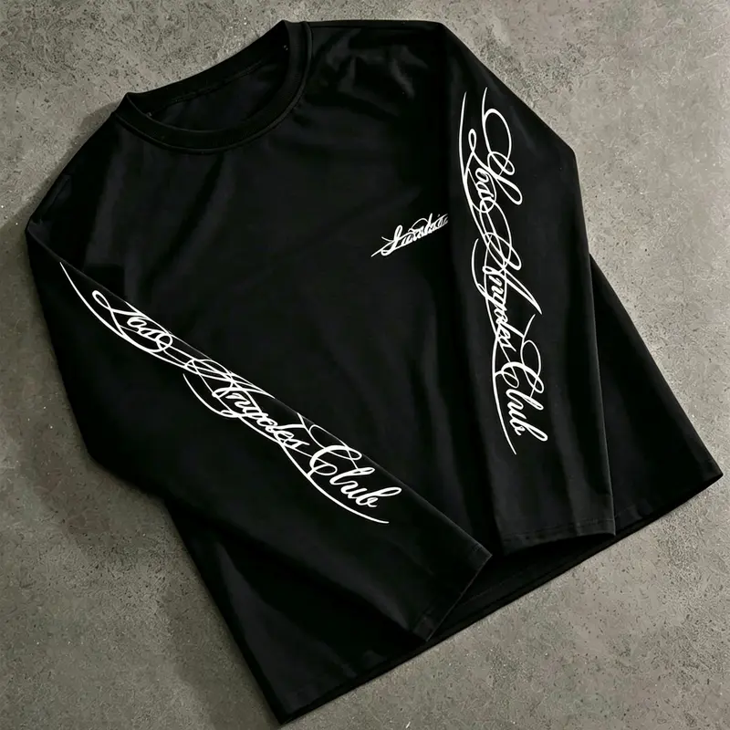 Unisex 100% Cotton Soft Multi-Color Vertical Sleeve Script Lettering Long Sleeve Tee Mini Chest Logo Chicano American Streetwear Oversized Casual Top