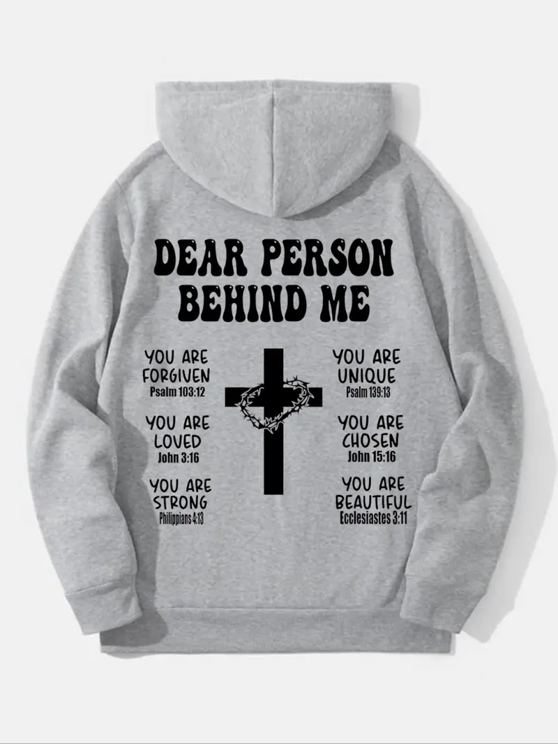 Christian Fitted Hoodie with Bible Verse, Long Sleeve Inspirational Sports Sweatshirt, Faith Cross Graphic Printed Pullover Hoodie, Casual Fall & Winter Wear, Printed Hooded