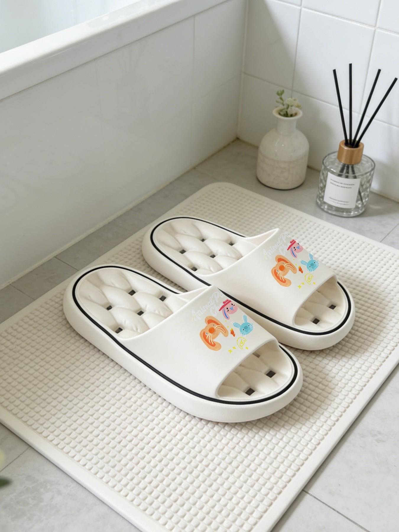 1 Pair Cartoon Animal Letter Printed Hollow Massage Thick Sole Slippers, Cute Healing Style, Non-slip Soft Sole, Quick-dry for Bathroom, Indoor & Outdoor Dual-use, Open Toe Slides, Bathroom Casual Slippers