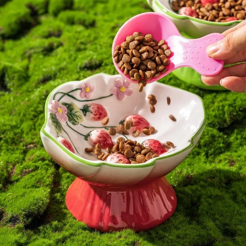 Ceramic Strawberry Slow Feed Bowl, High Feet Design, Anti-Gag and Anti-Spill, Neck Support for Cats and Kittens, Pet Feeding Solution