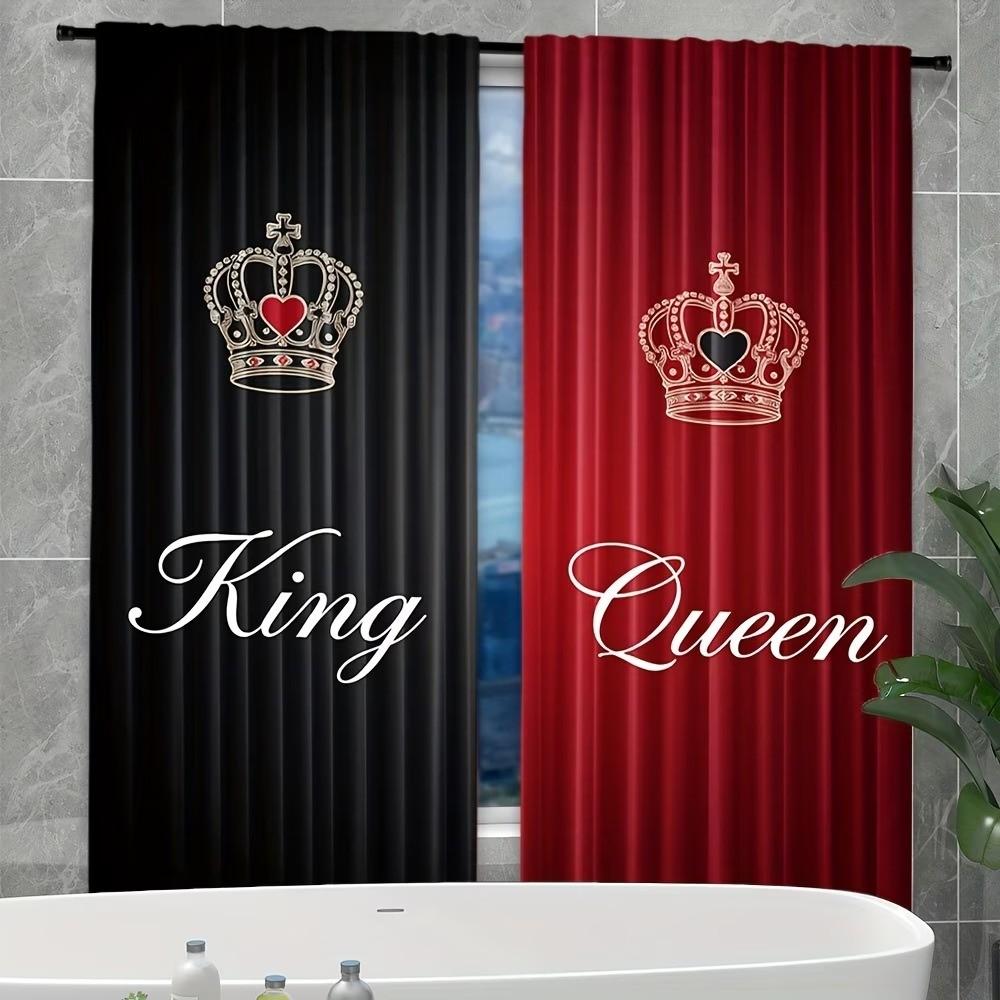 2 pieces of black text and golden crown artistic design printed curtains for king and queen. Made of polyester, semi-transparent material, machine washable. Suitable for bedrooms, living rooms and home decoration.