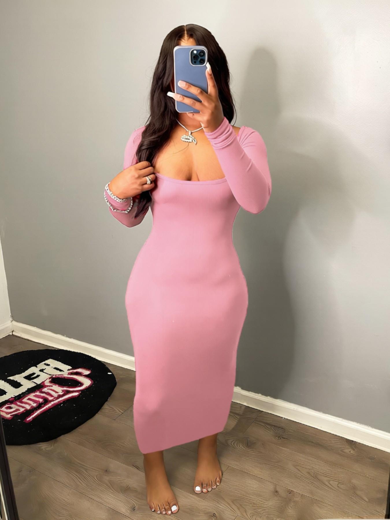 Women's Casual Tight-Fitting Dress, Low Neckline, bodycon dress，Plain Color, Spring & Fall Fashion, Moderate Fabric Thickness, Kint Style