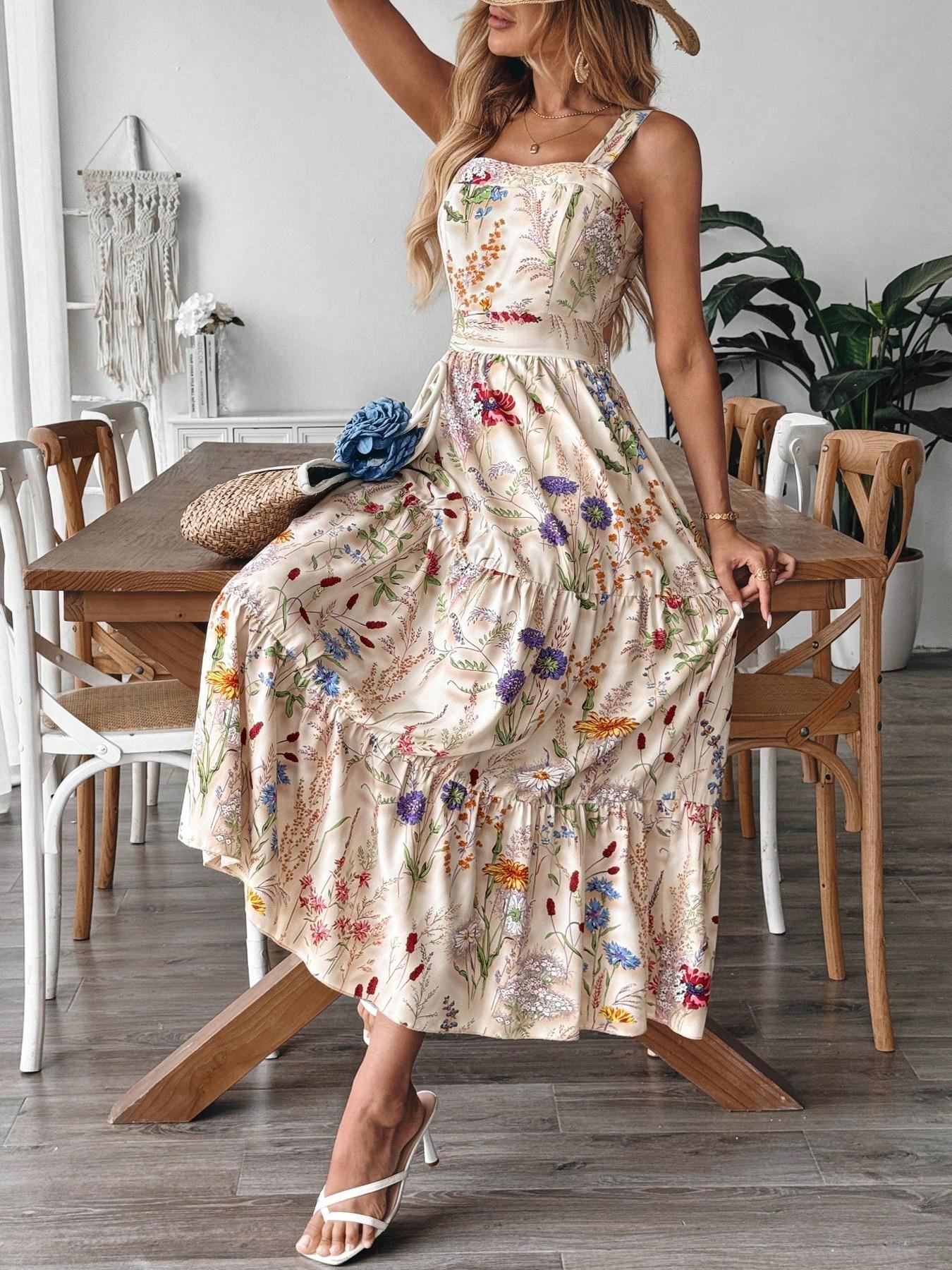 Women's Floral Print Backless Dress, Tie-Up Bow Design, Elastic Waist, Casual Vacation Commute, Elegant Halter Square Neck Dress