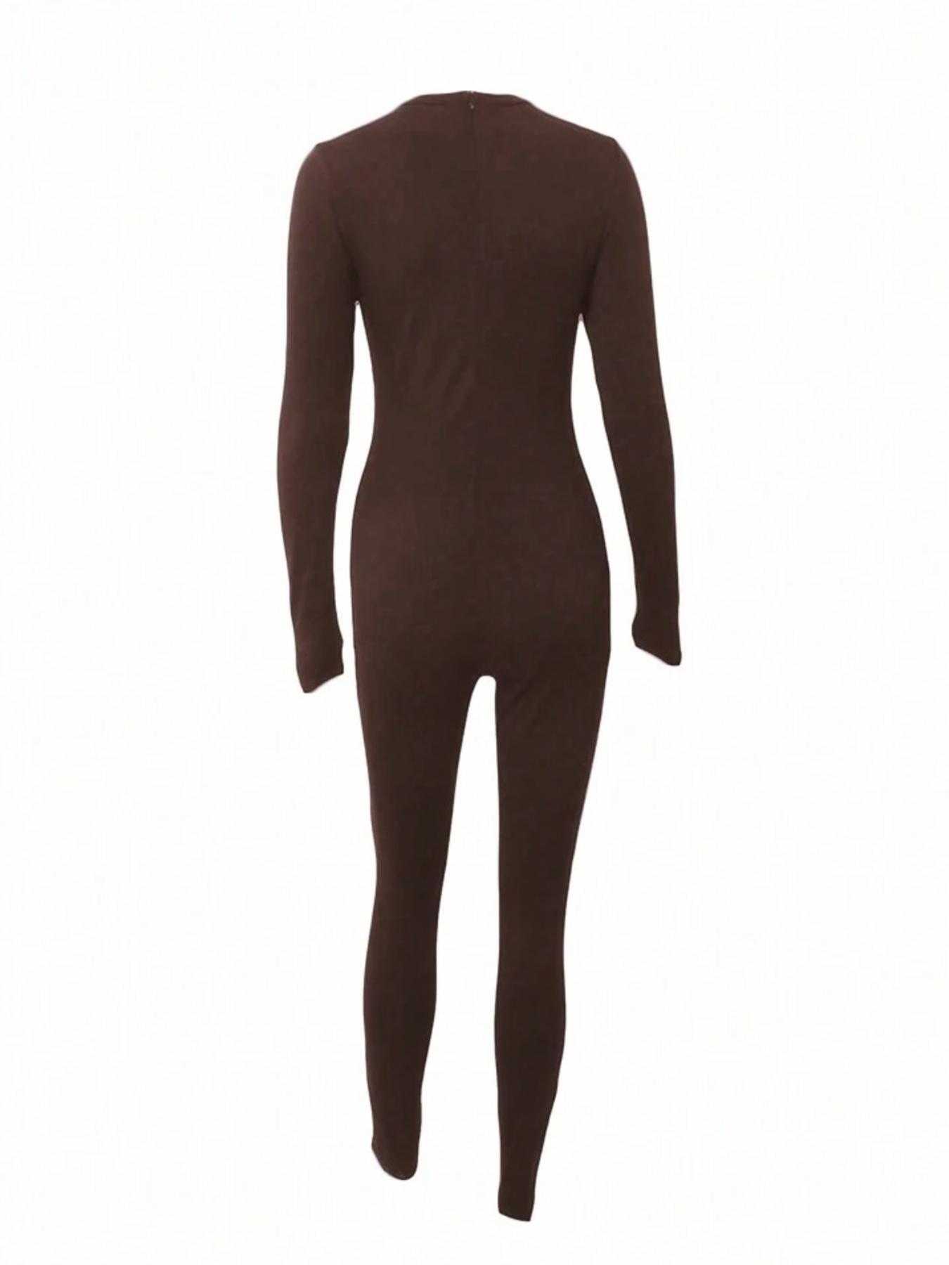 【Plus Size】1 Piece Women's Crew Neck Long Sleeve Bodycon Jumpsuit, Trendy Street Style, Slim Fit & Stretchy Fabric, Full-Length Skin-Tight Design, For Fashion-Conscious Women, Ideal for Streetwear, Casual Dates