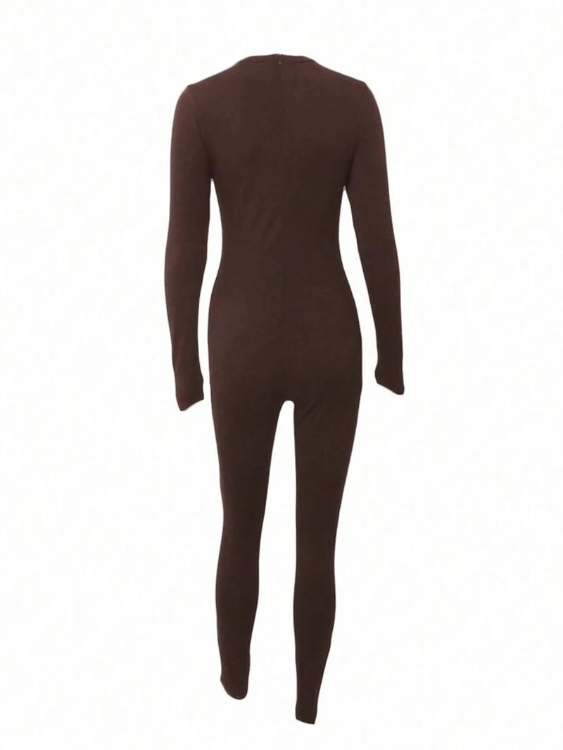 【Plus Size】1 Piece Women's Crew Neck Long Sleeve Bodycon Jumpsuit, Trendy Street Style, Slim Fit & Stretchy Fabric, Full-Length Skin-Tight Design, For Fashion-Conscious Women, Ideal for Streetwear, Casual Dates