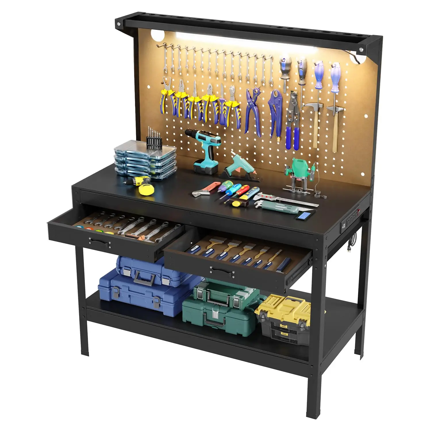 48 Inch Garage Workbench 620LBS Heavy Duty Steel Tool Station with Power Outlets Drawers Pegboard for Workshop DIYers All in One Set