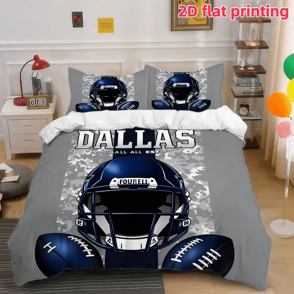 2D Flat 3Pcs Dallas American Football Sports Pattern Duvet Cover - Stylish Navy Blue Helmet Camouflage Print Bedding (1 + 2 Pillowcases, No Filling) Suitable for Bedroom and Dormitory Room Home Decoration