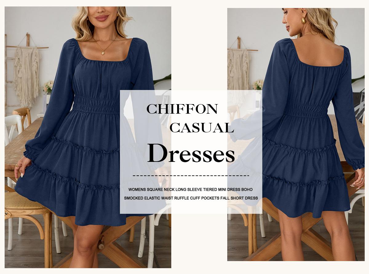 Chicovar Women's Square Neck Boho Mini Dress – Long Sleeve Smocked Waist Tiered Ruffle Dress with Pockets,Easter dress, Cute Lantern Sleeve for Spring Wedding Guest, Family Photos, Church, Westernfashion