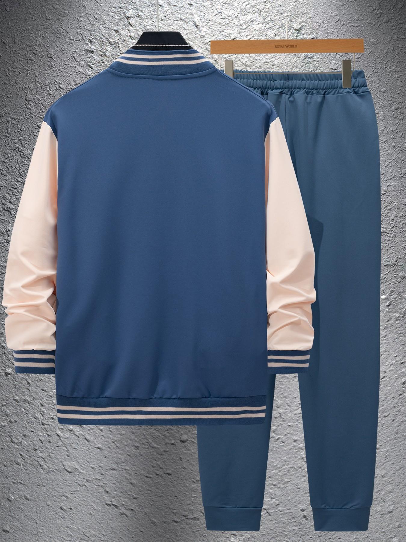 Men's Two-Piece Set, Spring & Fall Sports Suit, Colorblock Baseball Jacket + Drawstring Sweatpants, Loose-Fit Casual Wear, Multiple Colors Available