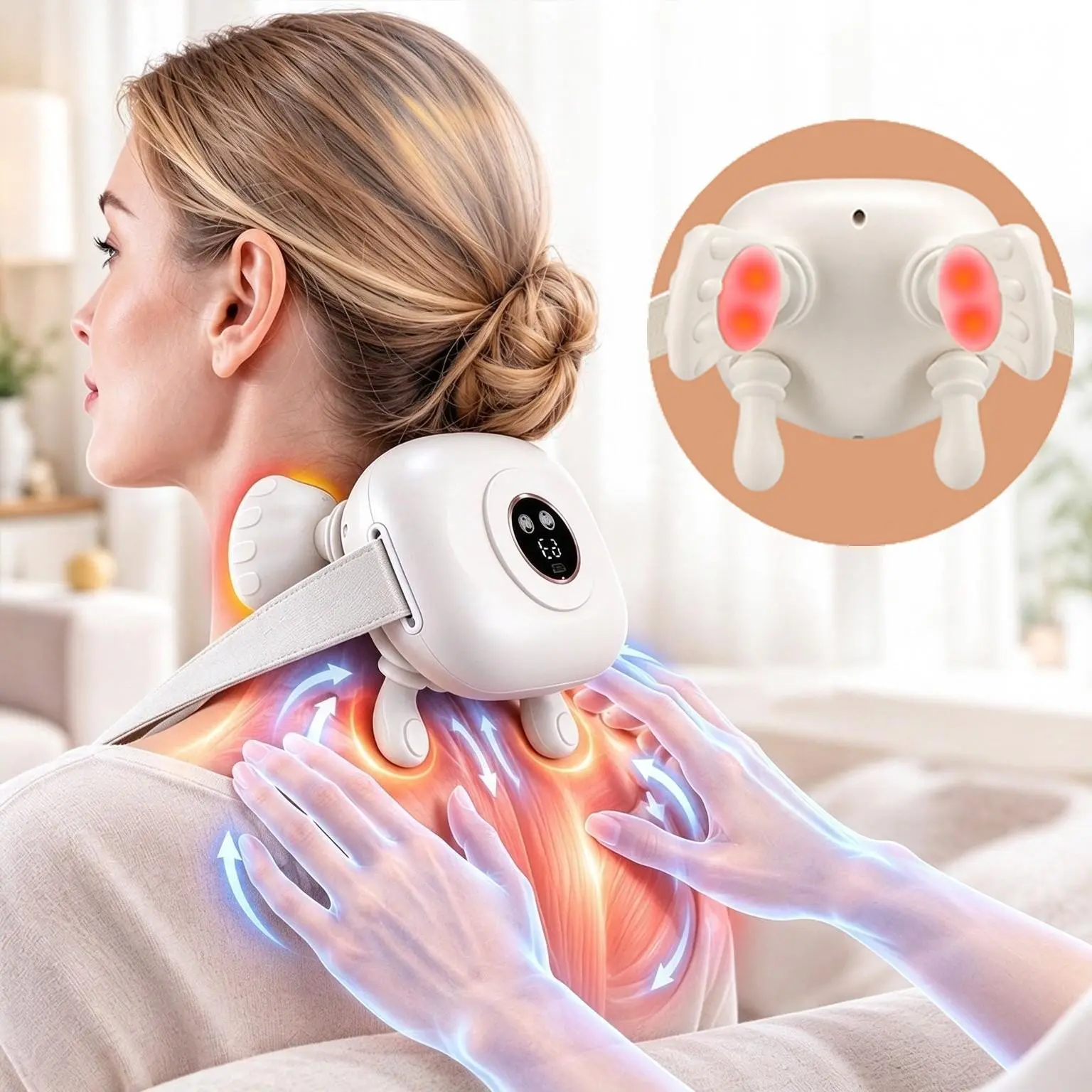 Deep Tissue Kneading Shoulder Neck Massager,  3 Modes Kneading 2 Heat Levels, Rechargeable Portable Heat Massager for Back Waist Leg, Home Office Relaxation Gift