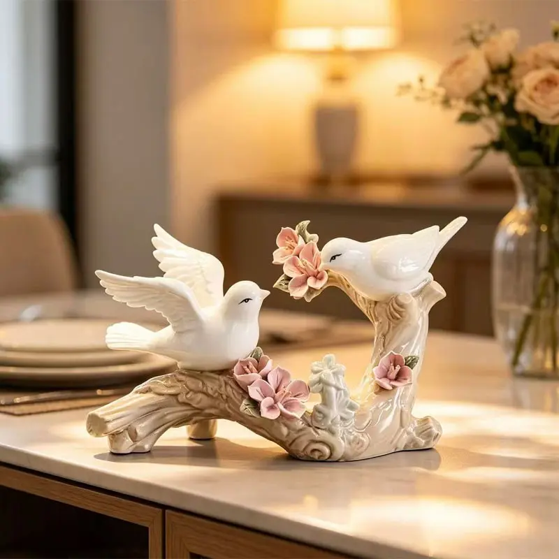 Ceramic pair of birds flower branch decorative item. Comfortable home soft furnishing. Living room TV cabinet, entrance desk, wine cabinet decoration. It symbolizes a beautiful moment and enhances the atmosphere. Christmas decoration. Decorative Figurines