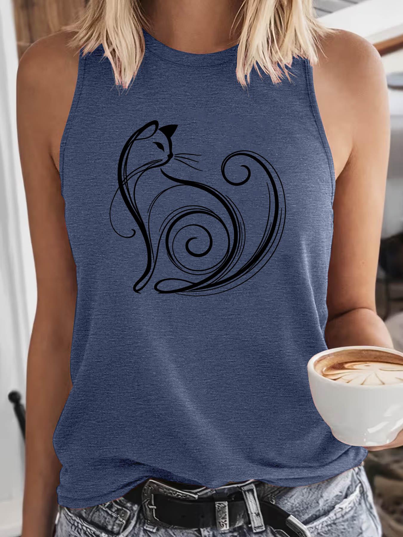 Women's Crew Neck Sleeveless Tank Top, Sleeveless Printed, Artistic Cat Line Art Print, Multiple Colors Available, Machine Washable, Spring & Summer Top, Soft Skin-Friendly Fabric, Daily Versatile, Fashion Design