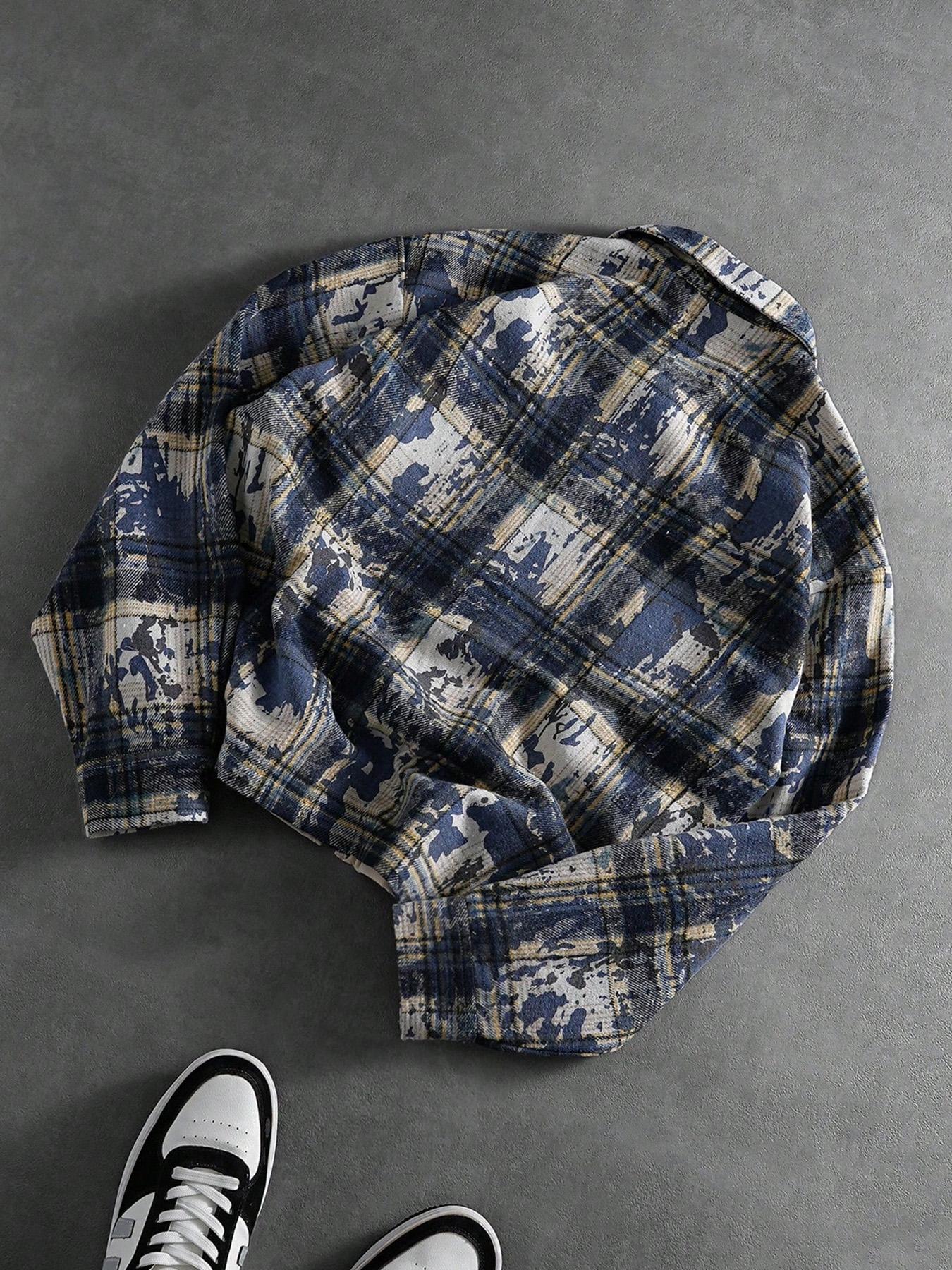 Men's Blue/Yellow/White Checkered Bomber Jacket with Oversized "3" Number Design, Regular Fit Cozy Causal Top, for Urban Street Style