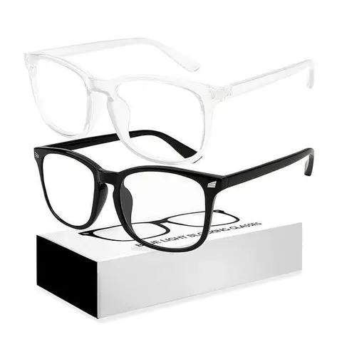 Ergonomic Bluelight Blocking Glasses for Women & Men, Square Frame, Flexible Fit, 99% Blue Lights Blockage, Computer Gaming Use, Anti-Eyestrain & UV Glare Protection - 2 Pair