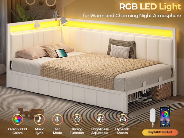 Hasuit | Corner Bed Frame with Storage Drawers Full Daybed with Line Fabric Upholstered Fence Kids Bed Unit with LED Light and Charging Station