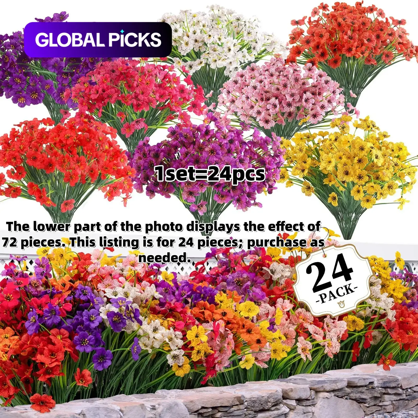 24 Bundles Artificial Flowers for Indoors and Outdoors, Fake Flower Plants for Home, Garden and Porch Decor, Window Box Filler (8 Colors) #GLOBAL PICKS