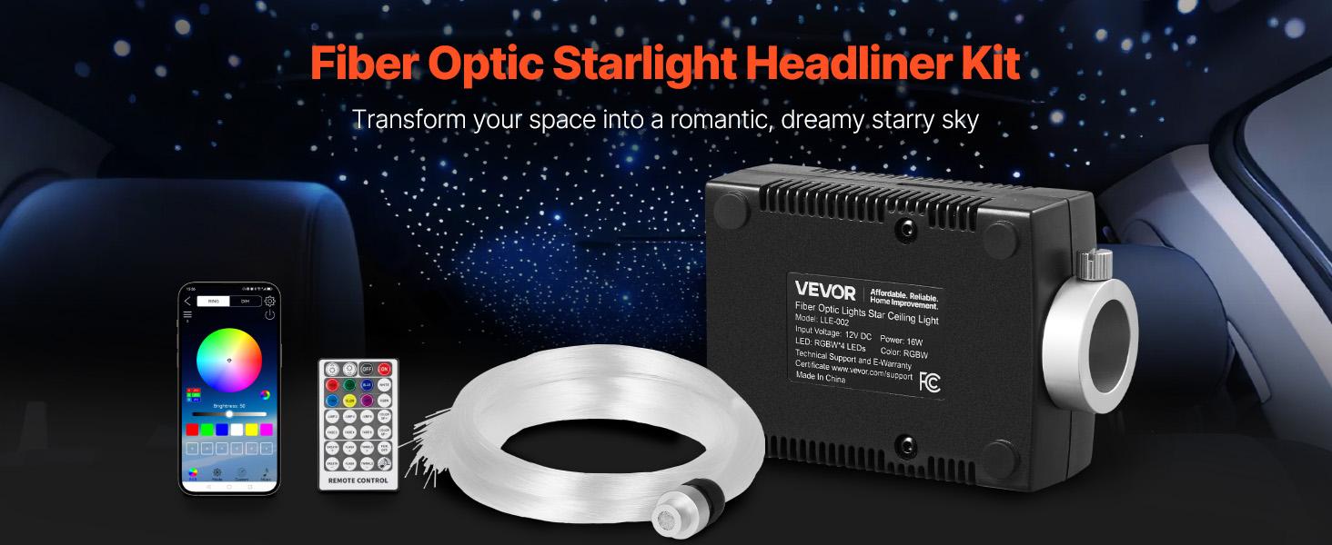 VEVOR Starlight Headliner Kit, 150 pcs 0.03 in 6.5 ft, 16W Fiber Optic Star Ceiling Lights for Car, Bluetooth APP, Remote Control, Sound Activated, RGBW Light Engine, for Home Bed Room Decoration