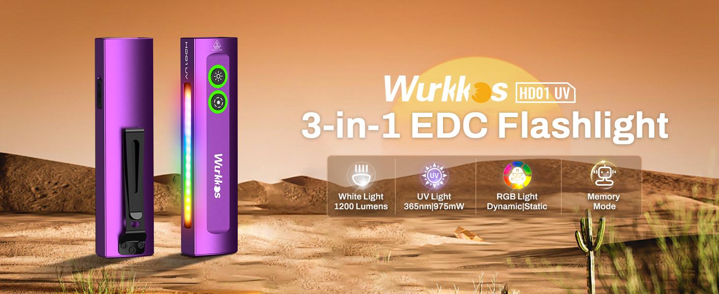 Wurkkos HD01UV Multifunctional EDC Flashlight with 365nm UV Light White Flood LED RGB Lights Dual Switch Magnetic Tail USB Rechargeable