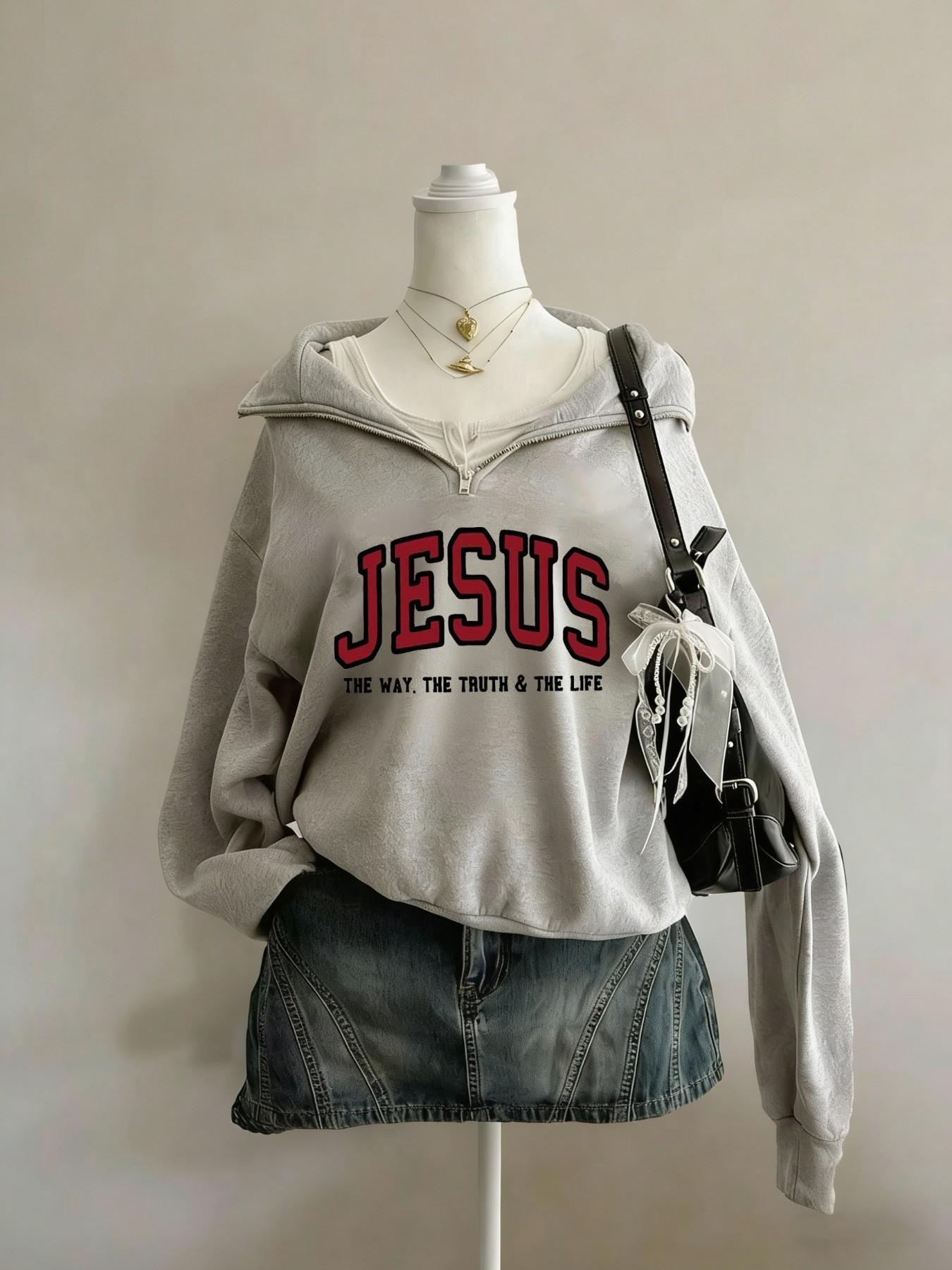 "JESUS" Aesthetic Half Zip Oversized Long Sleeve Sweatshirt, Y2K Christian Graphic Hoodie, Cozy Fleece Drop Shoulder Pullover, Vintage Washed Finish, Daily & Streetwear, Religious Print Top, Casual Pullover Tops, Womenswear
