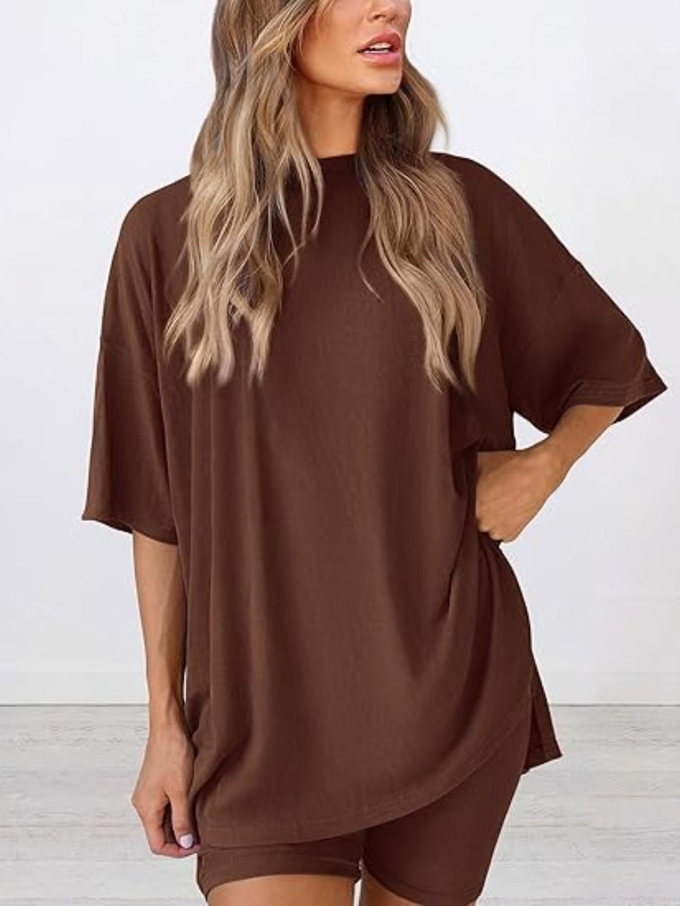Women's Solid Color T-Shirt and Tight Shorts Set, Casual Summer Comfort Round Neck Sleepwear, Pocket Design, Outdoor Wear Women's Solid Color T-Shirt and Tight Shorts Set, Casual Summer Comfort Round Neck Sleepwear, Pocket Design, Outdoor Wear